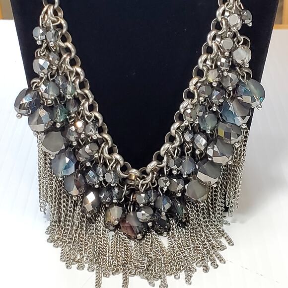 Vintage Faceted Matte and Shiny Labradorite Beads Bib Necklace with Fringe 16" - Picture 2 of 6